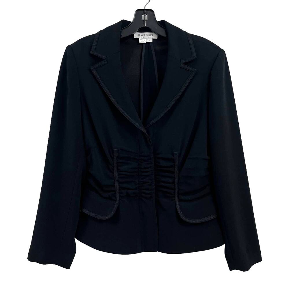 Kay Unger Black Pleated Gathered Waist Blazer Jacket Womens 8